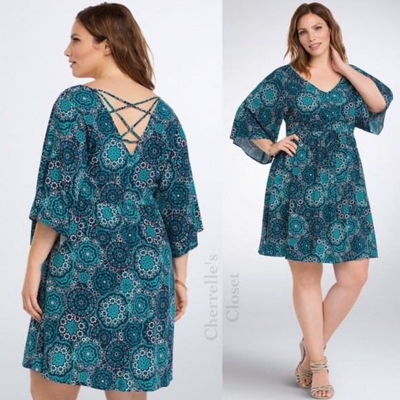 torrid Dresses & Skirts - Torrid | Navy & Turquoise Geometric Skater NWT!